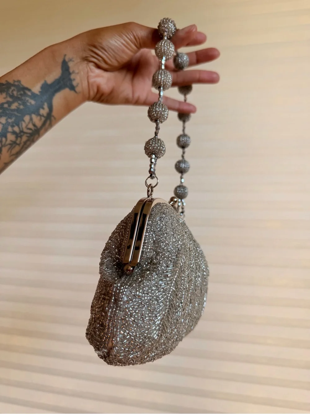 Vintage Silver Bugle Bead Evening Bag